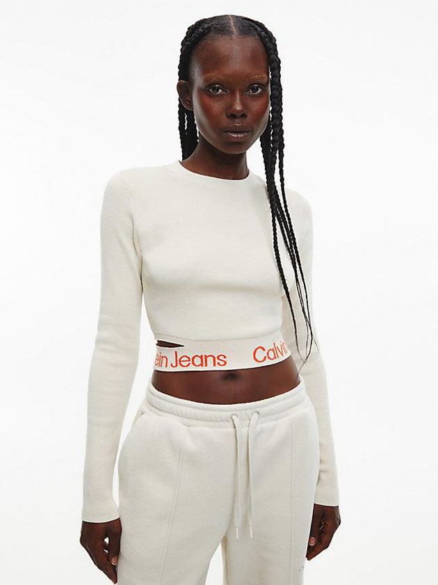 Calvin Klein USA Cut Out Logo Tape Jumper Womens Sweater White 5062814-SH